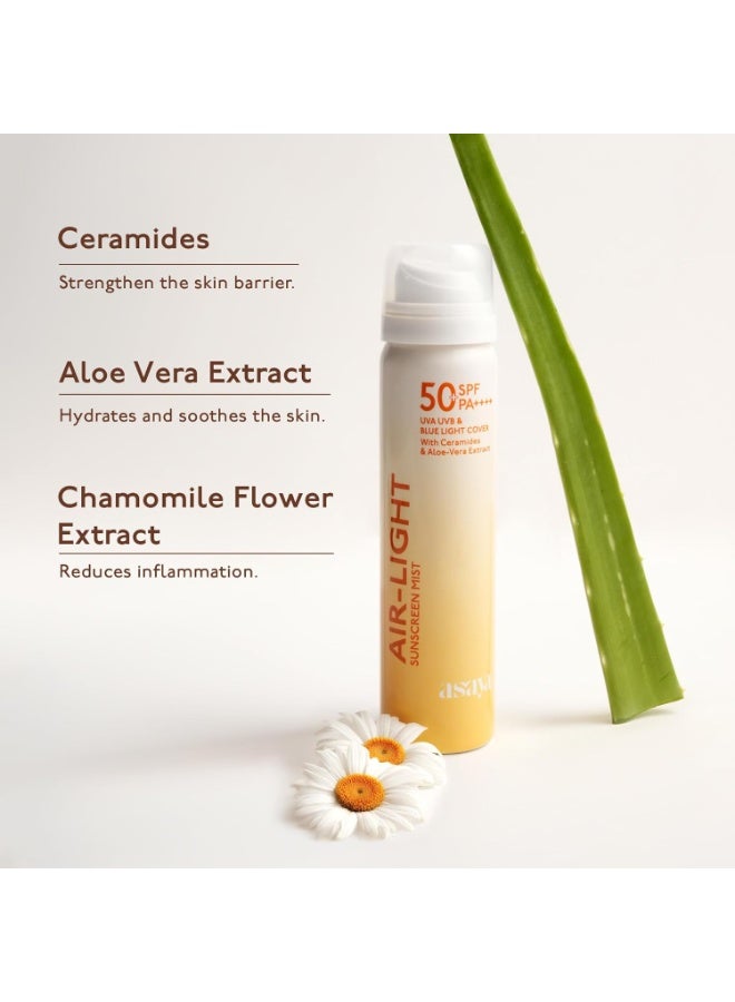 Asaya بخاخ واقي الشمس أسيا إير لايت بعامل حماية SPF 50 وPA++++، يحمي من أشعة UVA/UVB، غني بالسيراميدات وخلاصة الصبار | شفاف وغير دهني | واقي شمس سائل منعش ومرطب وسريع الامتصاص | لا يترك أي أثر أبيض | سهل إعادة التطبيق | خالي من الكحول | مناسب للبشرة الدهنية والجافة والمختلطة | للرجال والنساء | 75 مل - Image 3